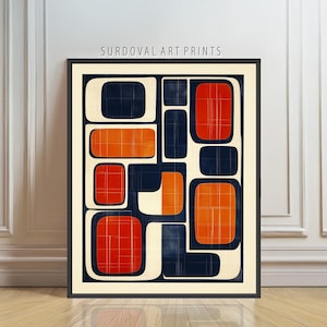 May include: Framed art print featuring an abstract geometric design. The artwork showcases a pattern of rounded rectangles in shades of red, navy blue, and orange, set against a cream background. The text "SURDOVAL ART PRINTS" is displayed at the top.