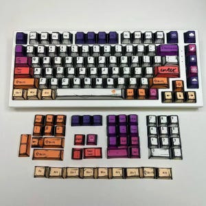 May include: A mechanical keyboard with a white frame and custom keycaps featuring a comic book art style. The keys are colored in gradients of purple, red, orange, and white with black outlines. The enter key features the word enter in script.