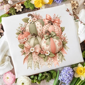 May include: A white sweatshirt featuring a central graphic of four pumpkins in shades of sage green, peach, and cream. The pumpkins are decorated with floral patterns, gingham, and polka dots, accented with lace ribbons, bows, and small flowers.