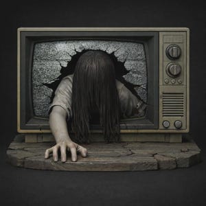 Puede incluir: Una figura detallada de un televisor antiguo con la pantalla agrietada. Una figura con el cabello largo y oscuro que oculta su rostro emerge de la pantalla, extendiendo una mano hacia adelante sobre una base texturizada y agrietada.
