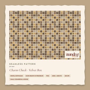 Puede incluir: Un patrón sin costuras titulado Charm Check Velvet Box con una cuadrícula de cuadrados ondulados en tonos marrón, beige y crema. El diseño incluye iconos de lazos, corazones y tréboles. El texto incluye The Sunday Studio, CH-001 y 4000 x 4000 px.