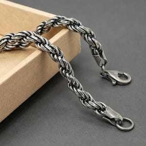 925 Solid Silver 4mm 6mm Oxidized Rope Link Necklace, Retro Textured Braided Layering Chain