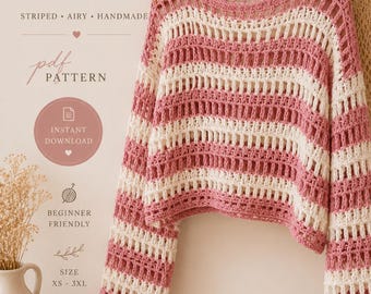 Striped Crochet Sweater Pattern, Oversized Crop Pullover Tutorial (PDF Download)