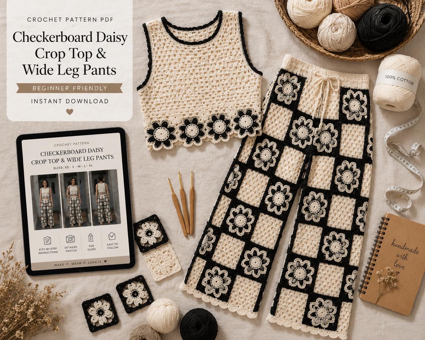 32 Checkerboard Crochet Patterns for Blankets, Bags, Garments, and Home Accents 28 Checkerboard Daisy Crochet Pants and Crop Top