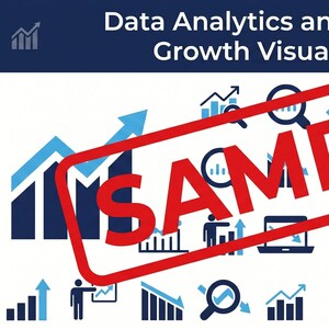 以下が含まれることがあります： 「Data Analytics and Business Growth Visualization」のテキストと赤い「SAMPLE」スタンプが付いた画像。青と白で、グラフ、図、虫眼鏡など、データ分析を表すさまざまなアイコンが特徴です。