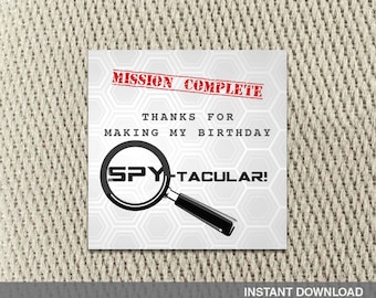 Danke Tags - Aufkleber - Secret Agent Spy - Mission Impossible - Party - Happy Birthday - Instant Download - DIY Digital Decorations
