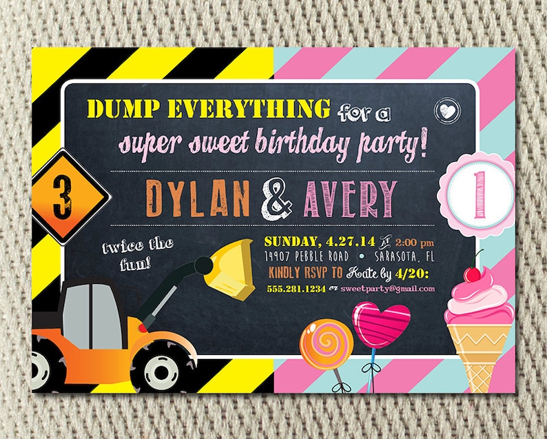Joint Birthday Party Construction and Sweet Shoppe Invitation: - Etsy