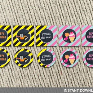 Favor Tags-Stickers-Joint Birthday Party-Construction-Sweet Shoppe-Twins-Siblings-Happy Birthday-Instant Download - DIY Digital Decorations
