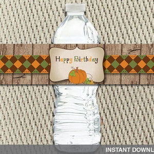 Water Bottle Labels - Rustic Argyle Pumpkin - Farm - Fall - Happy Birthday - Instant Download - DIY Digital Decorations