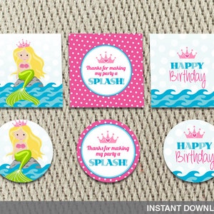 Favor Tags Stickers Mermaid Birthday Under the Sea Pool Party Happy ...
