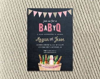 May include: A pink and black baby shower invitation with a chalkboard background. The invitation says "Join us for a BabyQ" and includes the names "Megan and Jesse". The invitation also includes the date, time, and location of the shower.