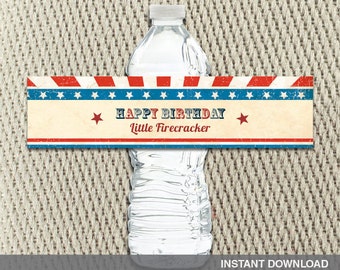 Etiquetas de botellas de agua - Pequeño petardo - 4 de julio- Fiesta de cumpleaños - Bandera - Vintage -Descarga instantánea - Decoraciones digitales DIY