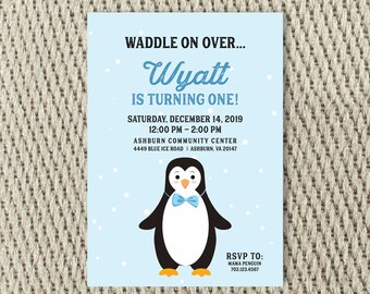 Penguin Party Invite Ice Blue and Black: Digital File 4x6 or 5x7