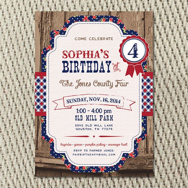 County Fair - Farm - Fall - Navy- Red - Patriotic - 4th of July - Rustic - Party Invitation: Digital 5x7 Jpeg