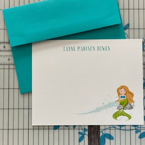 Mermaid Personalized Stationery: Printed Set of 12 flat cards with teal envelopes