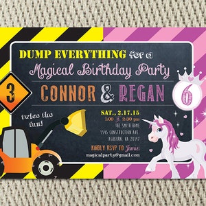 Joint Birthday Party - Siblings - Girl - Boy - Twins - Construction and Magical Unicorn Invitation: Digital File