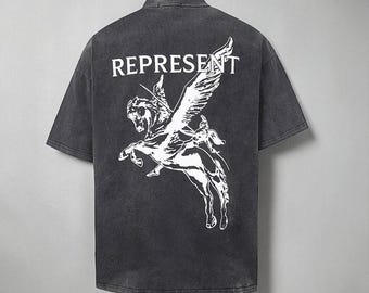 HORSE ANGEL REPRESENT Washed Distressed distressed T-Shirt unisex, American Vintage Harajuku 100% Cotton Tee, Trendy vintage Top