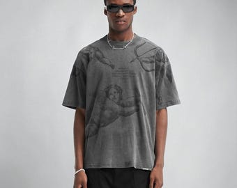MICHAEL ANGELO REPRESENT Washed Distressed distressed T-Shirt unisex, American Vintage Harajuku 100% Cotton Tee, Trendy vintage Top