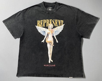 REPRESENT REP Washed Distressed Angel Graphic T-Shirt for Men, American Vintage Harajuku Cotton Crew Neck Tee, Trendy Streetwear Top