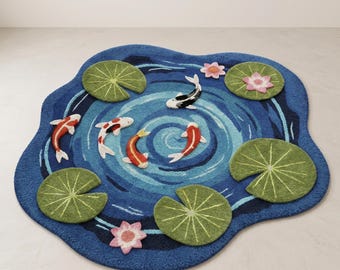 Tapis de bassin Koi, tapis de forme personnalisée pour le salon, tapis fantaisiste, tapis esthétique bleu, cadeau de pendaison de crémaillère