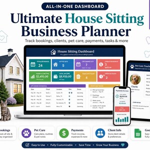 Può includere: Un pianificatore digitale per attività di house sitting. L'immagine mostra un laptop, un tablet e un telefono che visualizzano dashboard per prenotazioni, cura degli animali domestici, pagamenti e informazioni sui clienti. Include icone di casa e impronte.