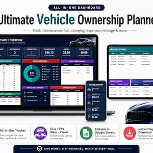 May include: A digital vehicle ownership planner displayed on a laptop, tablet, and smartphone. The dashboard tracks maintenance, fuel, expenses, and mileage. Features include an all-in-one tracker, editable Google Sheets, and instant digital download. The planner is designed for cars, EVs, bikes, and fleets.