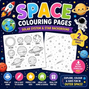 May include: A digital download set of two space colouring pages featuring a solar system sheet with labelled planets and a star background sheet. The dark blue cover art displays a rocket, a smiling Earth, Saturn, and an astronaut illustration.