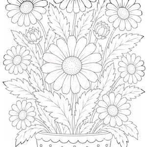 May include: A black and white line art illustration of a bouquet of daisies in a decorative pot. The pot features a pattern of hearts and small circles along the exterior. The flowers have detailed petals and centers, surrounded by serrated leaves.