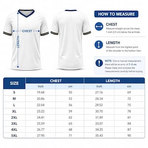 May include: A white V-neck t-shirt with dark blue trim on the collar and sleeves, shown from front and back views. A sizing chart provides chest and length measurements in centimetres for sizes S through 5XL, including a how-to-measure guide.
