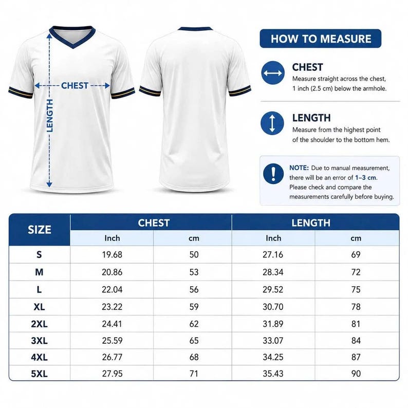 May include: A white V-neck t-shirt with dark blue trim on the collar and sleeves, shown from front and back views. A sizing chart provides chest and length measurements in centimetres for sizes S through 5XL, including a how-to-measure guide.