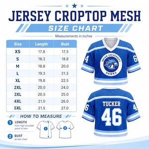May include: A blue mesh jersey croptop with white and light blue stripes on the sleeves and hem. The front features a Briar University Hawks logo, while the back displays the name Tucker and the number 46. Includes a size chart in inches.