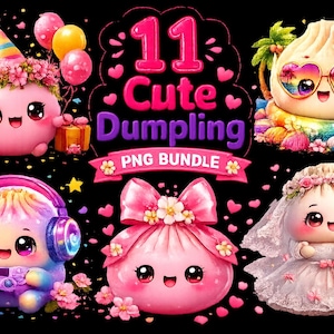 May include: A digital collection of 11 cute dumpling illustrations featuring various characters, including a party dumpling with balloons, a tropical dumpling with sunglasses, a gaming dumpling with headphones, a bow-adorned dumpling, and a bride dumpling.