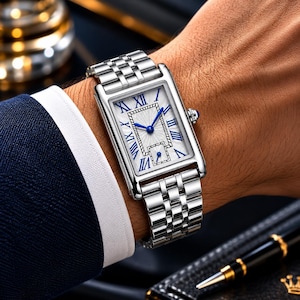 Reloj rectangular de plata vintage, reloj de pulsera unisex, regalo elegante