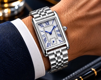 Vintage Silver Rectangular Watch, Unisex Bracelet Watch, Elegant Gift