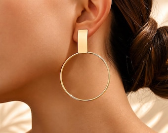 Gold Clip On Hoop Earrings | Geometric Non Pierced Statement Jewellery for Her