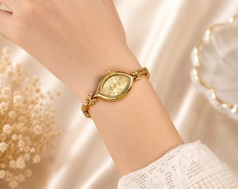 Vintage Gold Bracelet Watch | Oval Floral Womens Jewellery Timepiece