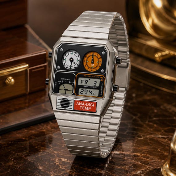 Men’s Square Analog-Digital Watch with Steel Band, Temperature, Stopwatch, Alarm and Calendar