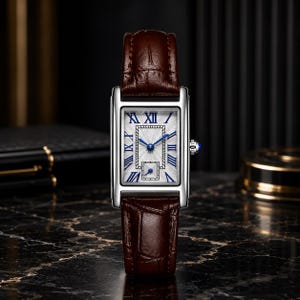 May include: A rectangular wristwatch with a silver-tone case and a dark brown crocodile-embossed leather strap. The white dial features blue Roman numeral hour markers, blue hands, a central textured rectangular pattern, and a small sub-dial at the bottom.