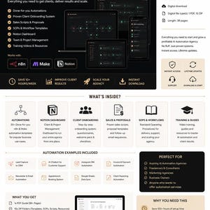May include: Digital AI Automation Agency Starter Kit with over $10K value. Includes templates, SOPs, client onboarding, and training. Features done-for-you automations, Notion dashboard, and sales scripts. Digital download with 38 pages.