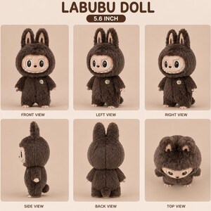 May include: A Labubu doll, 5.6 inches tall, is shown from multiple angles. The plush toy has a brown furry body, a smiling face, and a hood with bunny ears. The doll has a small tag on its chest. The text "LABUBU DOLL" and "5.6 INCH" are visible.