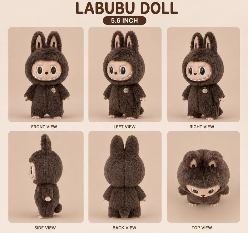May include: A Labubu doll, 5.6 inches tall, is shown from multiple angles. The plush toy has a brown furry body, a smiling face, and a hood with bunny ears. The doll has a small tag on its chest. The text "LABUBU DOLL" and "5.6 INCH" are visible.