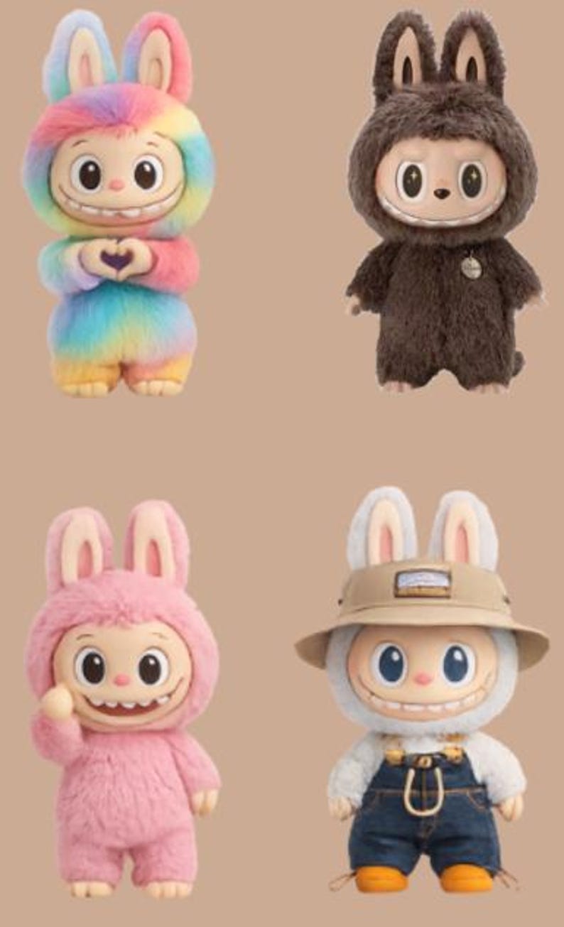 May include: Four plush rabbit-like figures with smiling faces and large eyes. One is rainbow-colored, one brown, one pink, and one wearing a hat and overalls. The figures have bunny ears and are on a tan background.