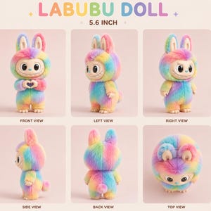 May include: A colorful Labubu doll, approximately 5.6 inches tall, in multiple views. The plush toy features a rainbow color scheme with a smiling face and bunny ears. The doll is shown from the front, left, right, side, back, and top.