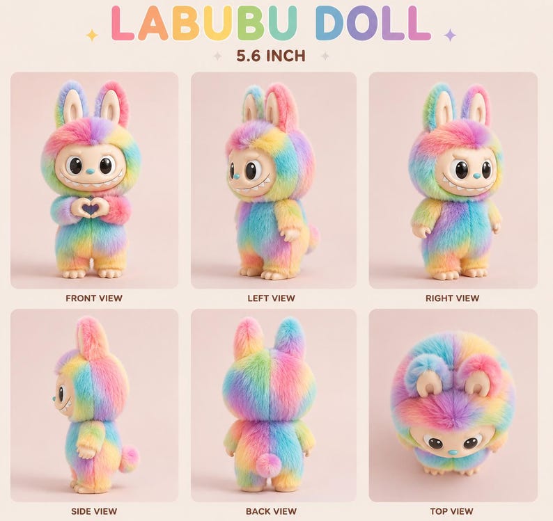 May include: A colorful Labubu doll, approximately 5.6 inches tall, in multiple views. The plush toy features a rainbow color scheme with a smiling face and bunny ears. The doll is shown from the front, left, right, side, back, and top.