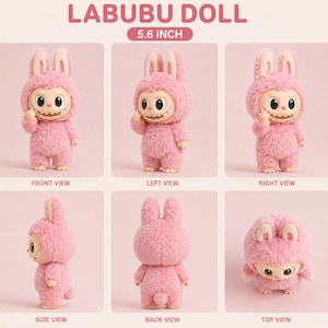 May include: A pink Labubu doll, 5.6 inches tall, with a bunny-eared hood and a smiling face. The doll has a fuzzy texture and is shown from multiple angles: front, left, right, side, back, and top views.