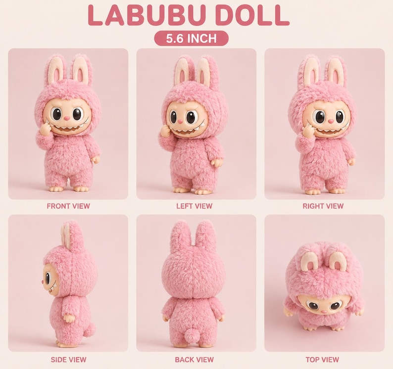 May include: A pink Labubu doll, 5.6 inches tall, with a bunny-eared hood and a smiling face. The doll has a fuzzy texture and is shown from multiple angles: front, left, right, side, back, and top views.