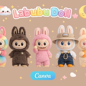 May include: Five Labubu dolls in various colors and outfits are displayed against a tan background. The dolls have large, smiling faces and bunny ears. One doll is rainbow-colored, another is brown, a third is pink, a fourth wears a hat and overalls, and the last holds a carrot.