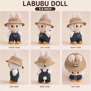 May include: A Labubu doll, 5.6 inches tall, is shown from multiple angles. The plush toy has a rabbit-like appearance with a beige hat, blue overalls, and orange boots. The text "LABUBU DOLL" and "5.6 INCH" are visible.