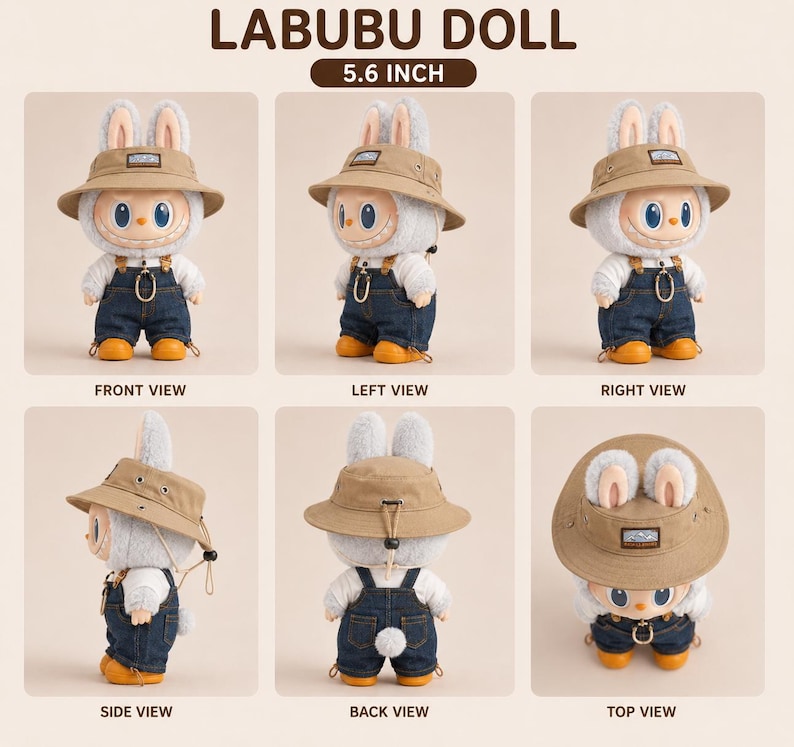 May include: A Labubu doll, 5.6 inches tall, is shown from multiple angles. The plush toy has a rabbit-like appearance with a beige hat, blue overalls, and orange boots. The text "LABUBU DOLL" and "5.6 INCH" are visible.
