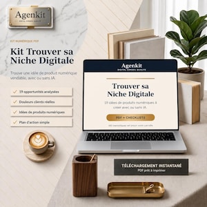 Peut inclure: Un ordinateur portable affiche le texte "Trouver sa Niche Digitale", avec une tasse de café, un porte-crayon en bois et un plateau doré. L'image comprend également une plante, des livres et le texte "PDF + CHECKLISTS".